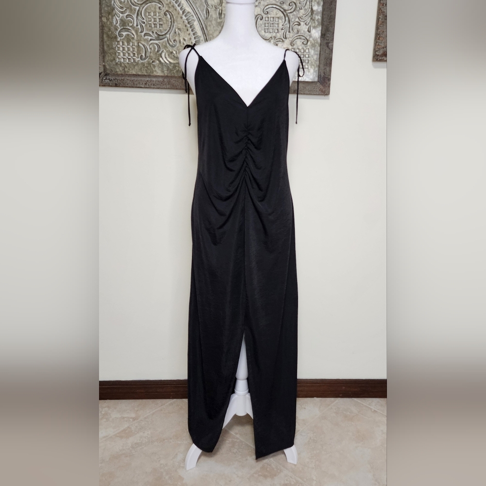 Zara Black Gathered Front Slit silky Maxi Dress XL Satin Balletcore Effortless